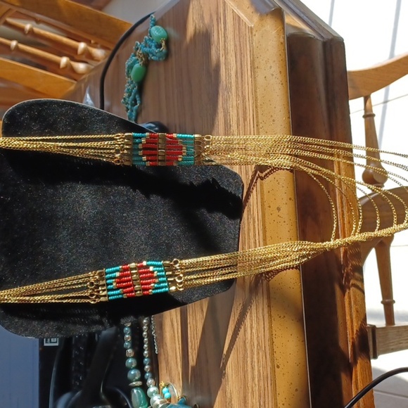 Beaded Layered multistrand necklace, gold, turquoise, red. 20-22" drop - Picture 1 of 4